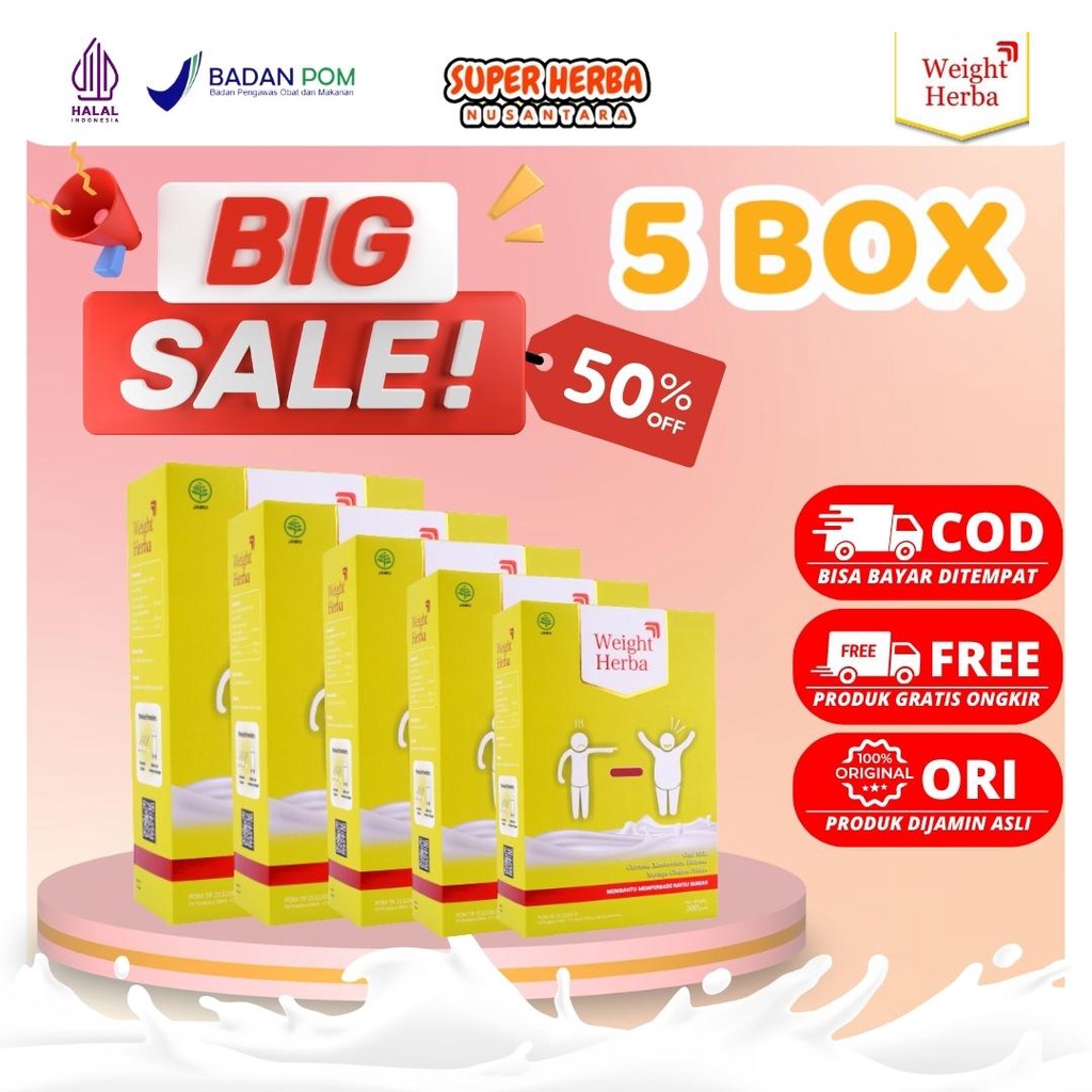 

[BIG SALE 5 BOX] | Weight Herba | Susu Penggemuk Badan Yang Ampuh Menambah Nafsu Makan dan Menambah Berat Badan Menjadi Badan Ideal dan Berisi