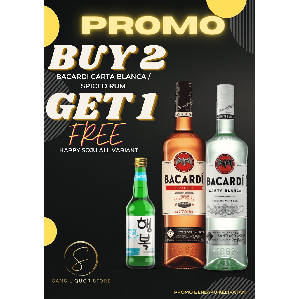 1 paket isi 2 botol Bacardi spiced / dan atau bacardi white rum 750 ml free 1 botol happy soju all varians