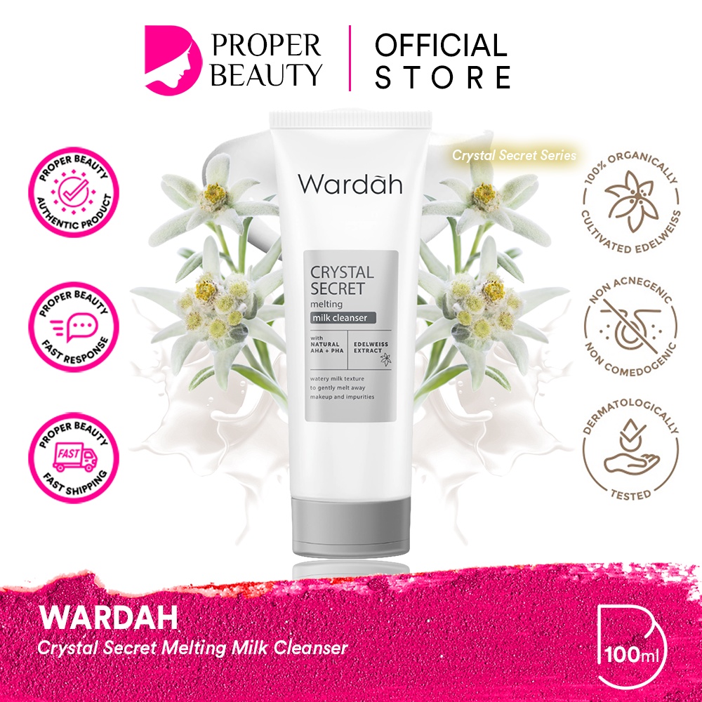 WARDAH Crystal Secret Melting Milk Cleanser Indonesia / Pembersih Wajah 100ml / With Natural AHA + PHA Edelweiss Extract / Watery Milk Texture To Gently Melt Away Makeup And Impurities Facial Wash Foam Cleansing Sabun Cuci Muka / Skincare Face Care Series