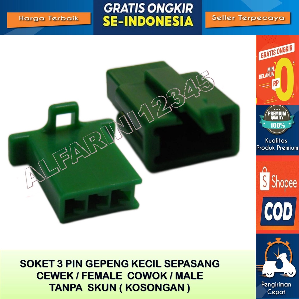 Soket Kabel gepeng 3 Pin kecil Sepasang Cewek Cowok Male Female Original Tanpa Skun Warna Hijau Baha