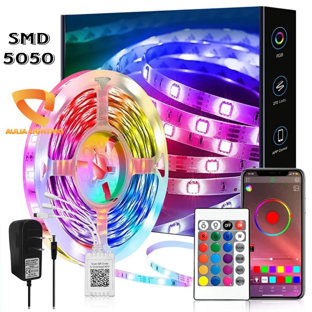 LAMPU LED STRIP RGB SMD 5050 + ADAPTOR + REMOTE BLUETOOTH 5M 10M APP SMARTPHONE WIRELESS HIAS KAMAR