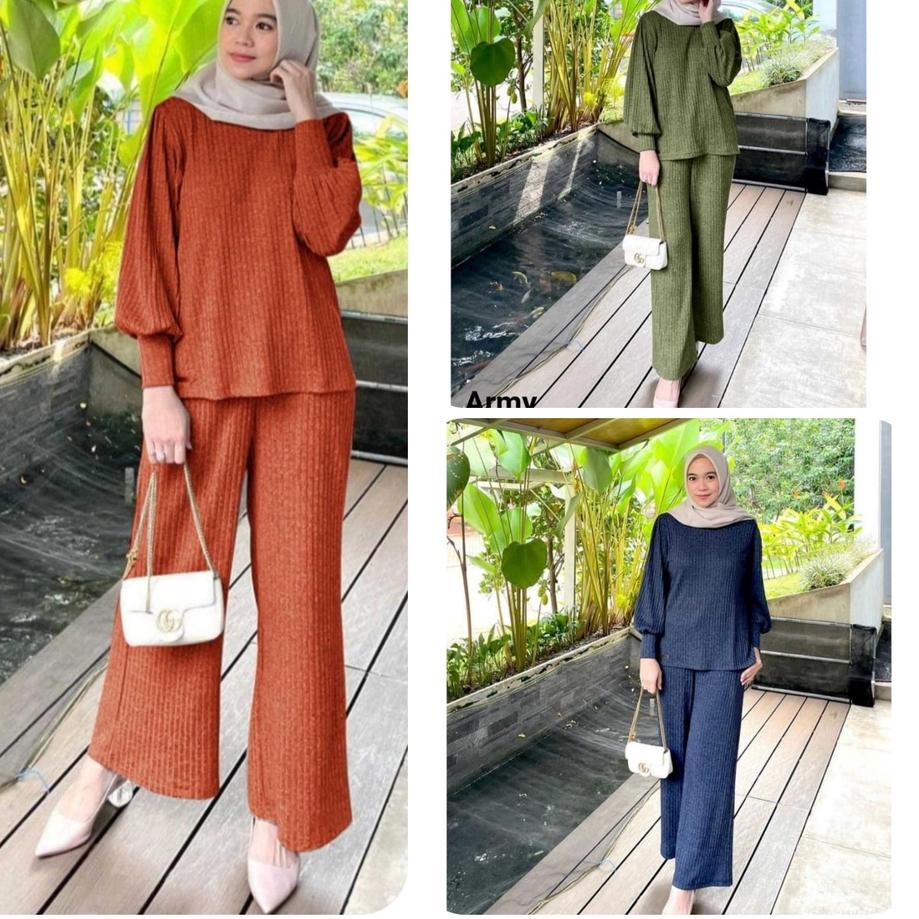 SET HARAGA KNIT JUMBO 2XL SET BLOUSE RAJUT LENGAN BALON MUSLIMAH SETELAN BAJU RAJUT WANITA ONE SET R