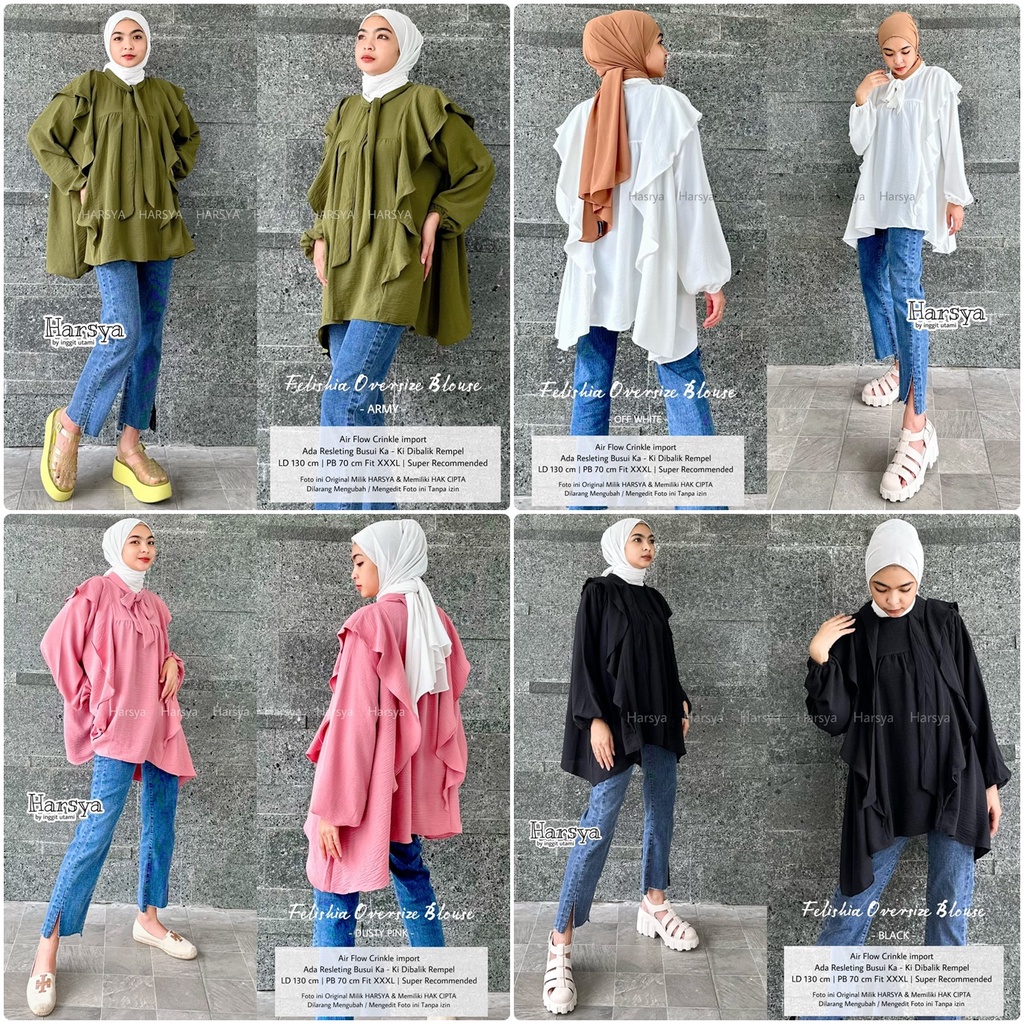 FELISHIA BLOUSE / 18.7 / BAHAN AIRFLOW CRINKLE / LD 130 CM / PB 70 CM / ATASAN WANITA JUMBO / FIT TO XXXL / HARSYA