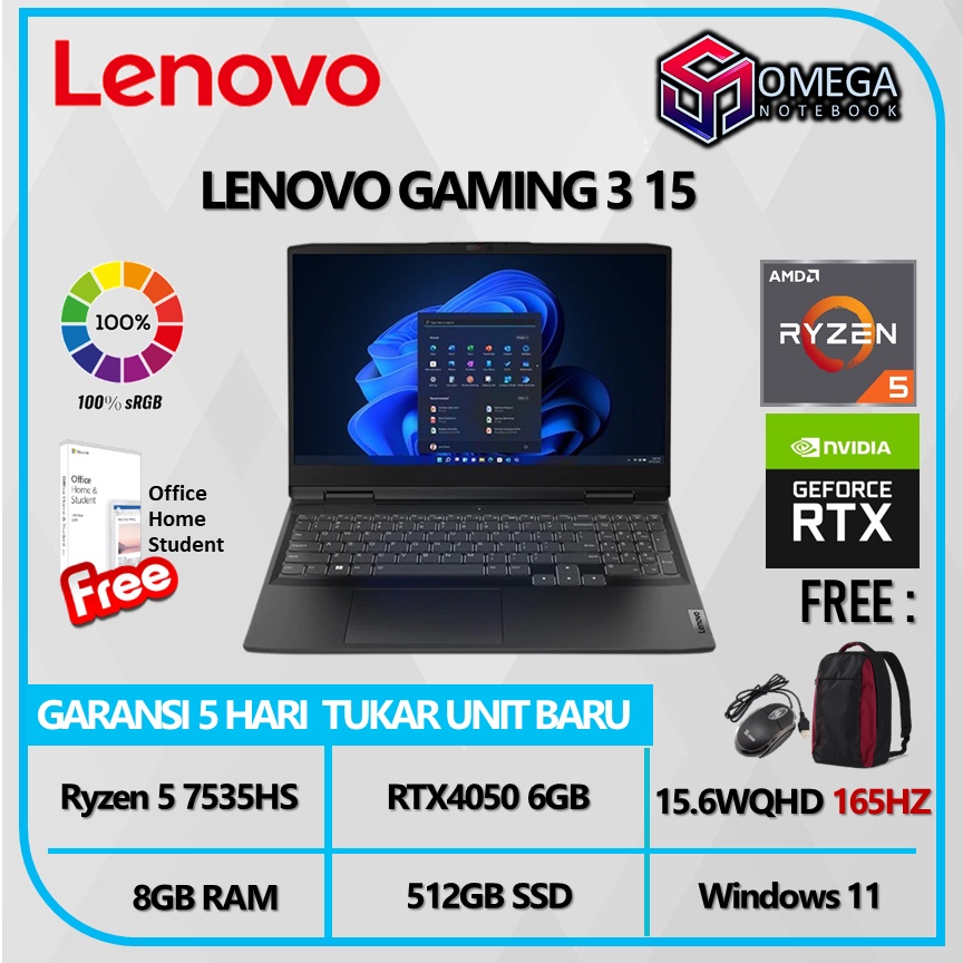 LENOVO GAMING 3 15 RTX4050 6GB/ RYZEN 5 7535HS 8GB 512SSD W11+OHS 15.6WQHD 165HZ 100SRGB BLIT MOS 2YR+2ADP GRY -JKID