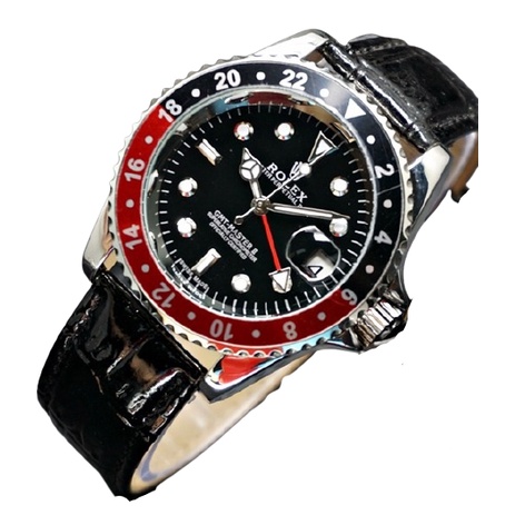 Jam Tangan Pria Rolex Automatic GMT Kulit Silver (Tanpa Baterai) Free Box Rolex BISA COD