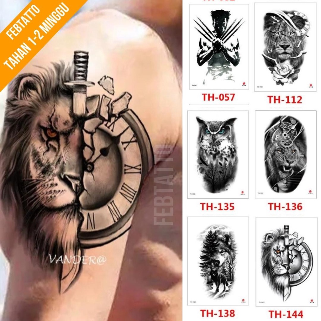 Tato Temporer Ukuran 21cmx15cm Motif Aesthetic Tatto Temporary Stiker Tato Halal Grosir Tato air motif harimau, ksatria, burung hantu, serigala, jam TH 144