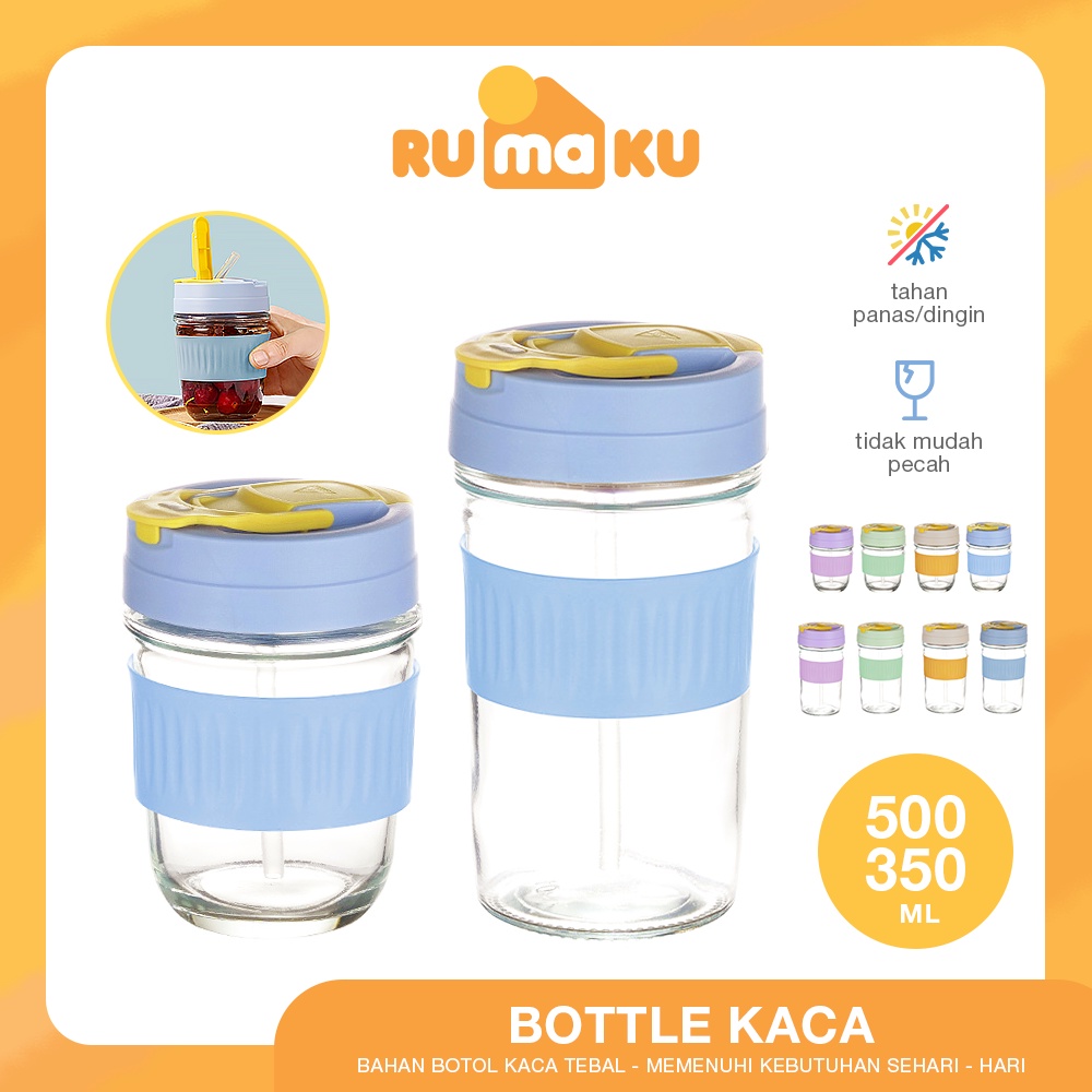 Rumaku Tumbler Kaca 350 ml dan 500 ml Gelas Botol Minum Kaca Bening Aesthetic Coffee Cup Anti Tumpah