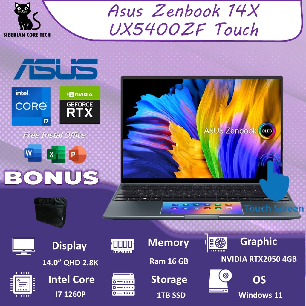 ASUS ZENBOOK UX5400ZF OLED TOUCH / I7 1260P / 16GB / 1TBSSD / RTX2050 4GB / W11 14.0QHD 2.8K