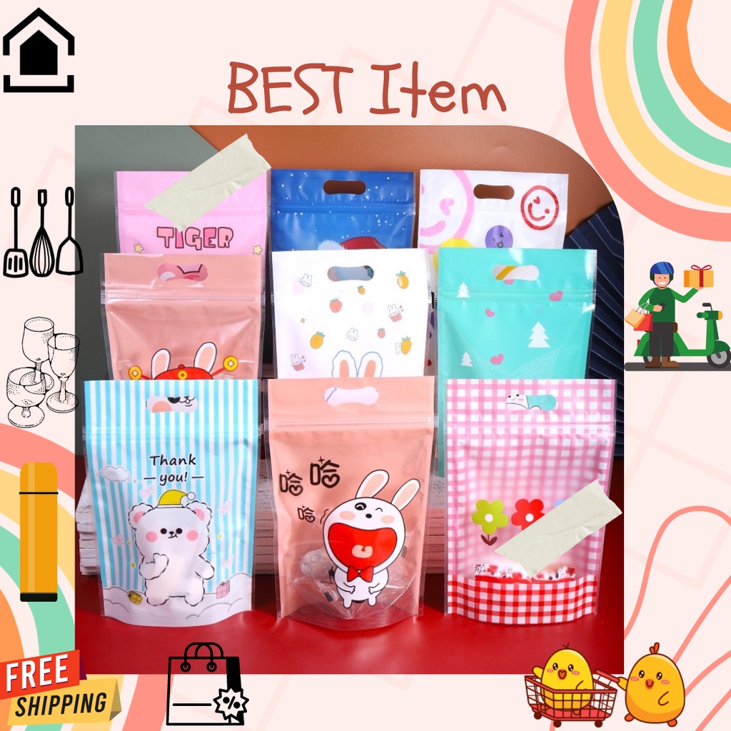 5pcs kantong plastik standing pouch ziplock snack/standing pouch uk 23x15cm rapat dgn ziplock lucu c