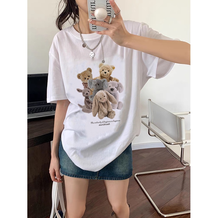 100% Katun Graphic Tee Kaos Couple Baju Wanita Atasan Wanita Oversize Kaos Cute Bear Putih T-shirt Couple Korean Style/baju kaos