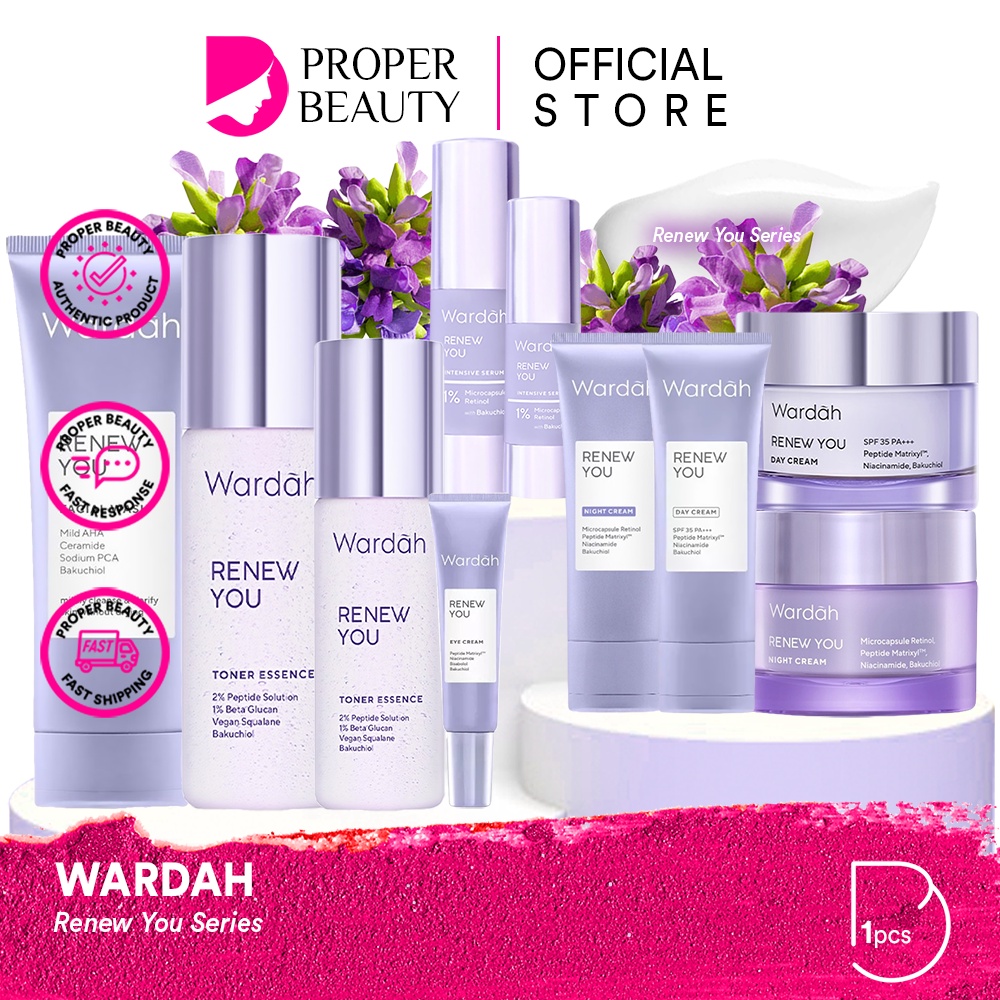 WARDAH Renew You Series Indonesia / The Powerful Drop Of Youthfulness / Facial Wash Toner Essence Intensive Serum Day Night Eye Cream / Skincare Face Care / Perawatan Wajah Muka Mata / Sabun Cuci Pembersih / Pelembab Krim / Re New Anti Aging Penuaan Dini