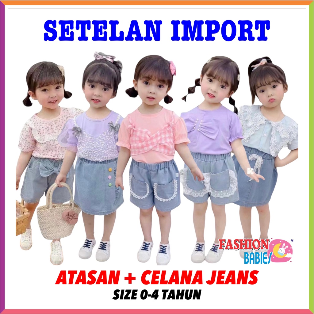 SW-044 SETELAN PENDEK JEANS IMPORT | SETELAN ANAK ATASAN + CELANA MOTIF BUNGA 6 BULAN - 3 TAHUN ❤ Fashionbabies ❤