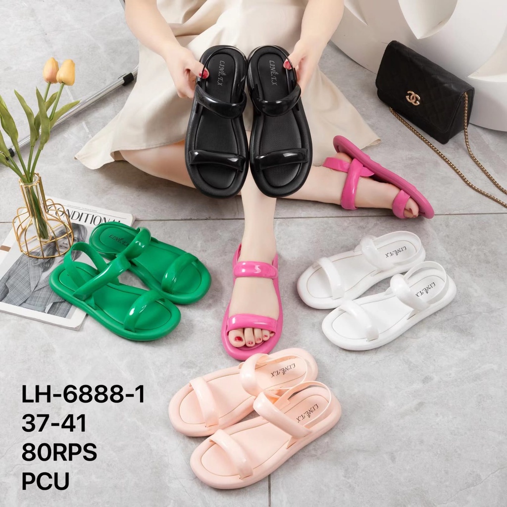 PVC Sandal Slop Tali Wanita Jelly Import Balance Bangkok Rubber Elastis Empuk Non-Slip 6888-A