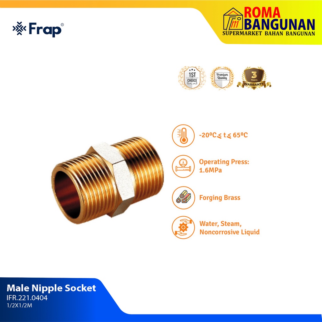 Frap Valve Kuningan / Brass IFR.221.0404 MALE NIPPLE SOCKET/Sambungan Pipa Besi 1/2M X 1/2M bisa digunakan untuk sambungan pipa air