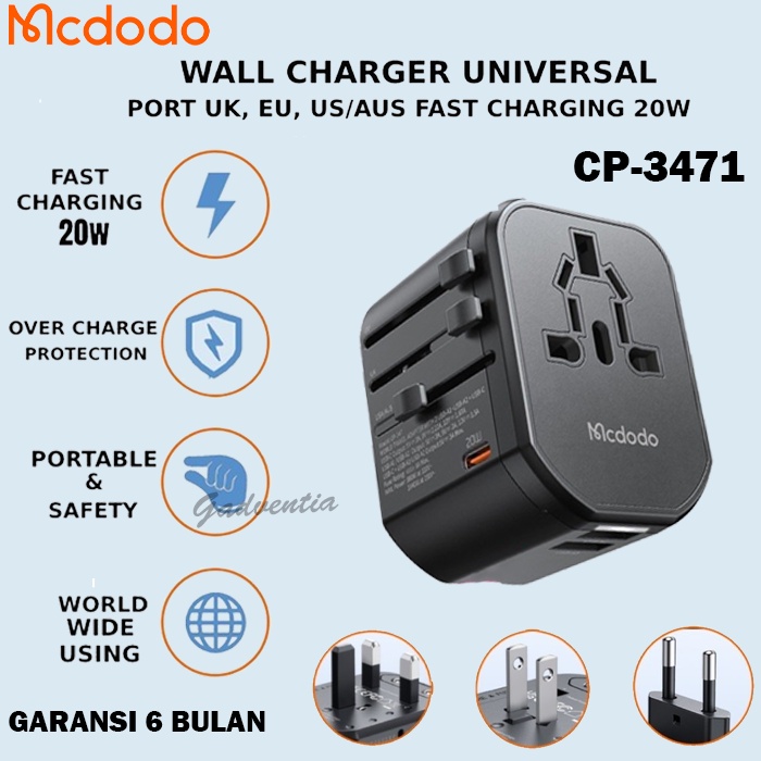 Mcdodo Charger Travel Universal Adaptor USB + Type C PD Fast Charging 20W Iphone 14 Samsung S22 23 M