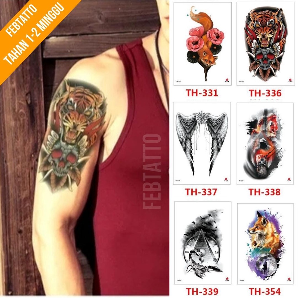 Tato Temporer Ukuran 21cmx15cm Motif Aesthetic Tatto Temporary Stiker Tato Halal Grosir Tato air motif serigala, macan, tupai, sayap, kalajengking TH 336