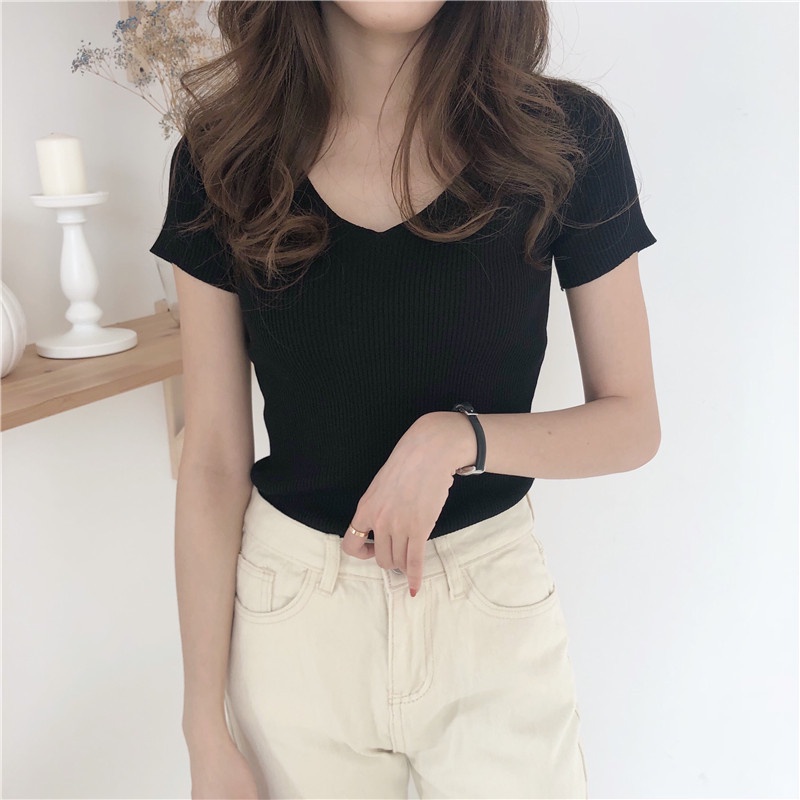 EUNII Kaos Rajut Lengan Pendek Knit T-shirt Wanita V neck Basic Color Korean Style Atasan