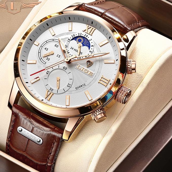 NAS720 LIGE  terbaru original jam tangan pria tali kulit anti air olahraga kronograf jam tangan + kotak +++