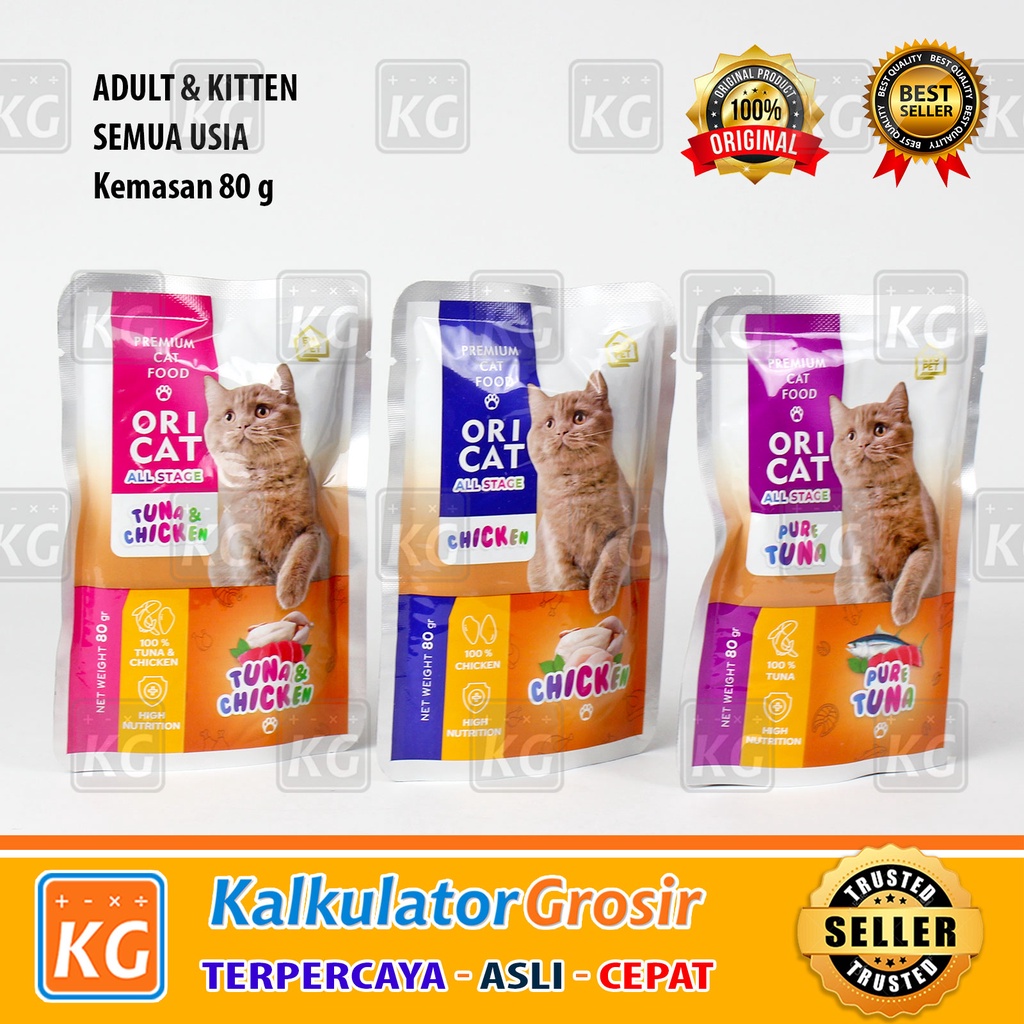 ORICAT POUCH 80gr ORI CAT Pouch Makanan Kucing Basah Ori Cat Adult &amp; Kitten Semua Umur Usia Life Pure Fish Chicken Pure Tuna Bio