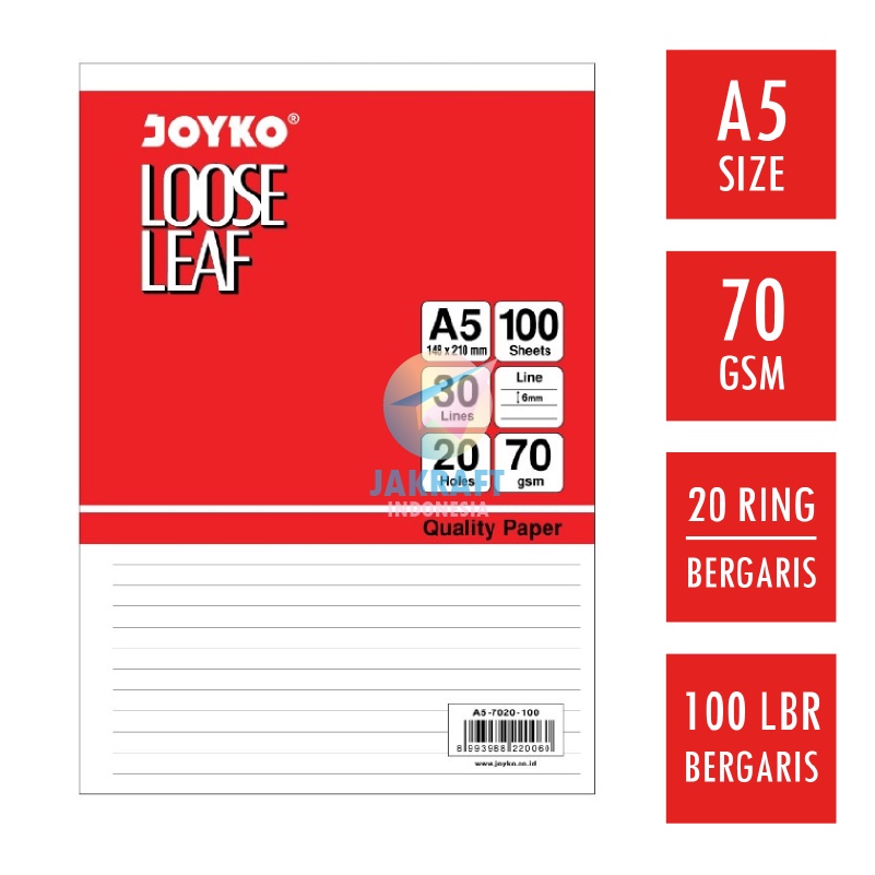 

(100 Pcs) Kertas File Loose Leaf JOYKO A5 Isi Binder Note Bergaris 20 Lubang Ring Rings