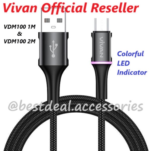 Dijual Vivan VDM100 1M / VDM200 2M Micro USB Data Cable LED Light 2.4A - VDM100 1M Black Berkualitas