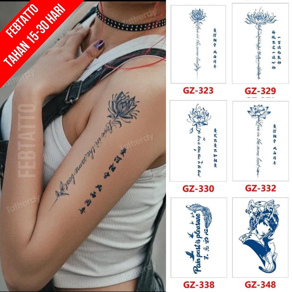 Tato Temporer Ukuran 18cm x 11cm Motif GZ 323 Tulisan Bunga Aesthetic Tahan Lama Tatto Temporary sti