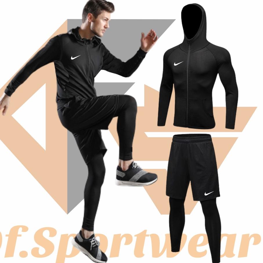 ➢ Stelan Olahraga Pria Running Jogging 3in1 Jaket Hodie Celana Pendek Dryfit Manset Laging Size S,M,