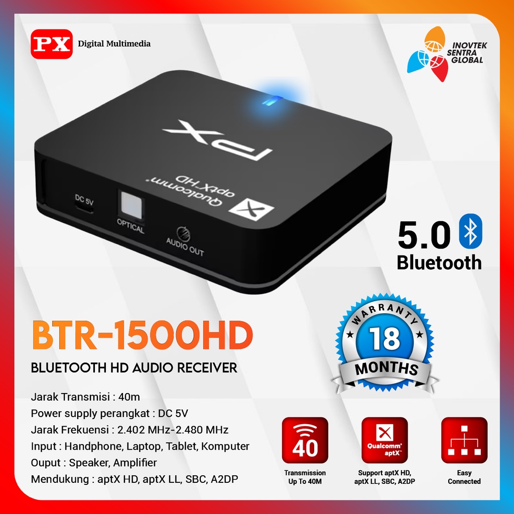 PX BTR-1500HD Bluetooth Audio Receiver 5.0 aptX HD Aux 3.5mm HD Optic