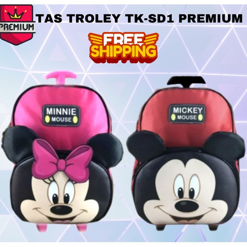 COD ~ TAS TROLI + RANSEL IMPOR Tas Troley Sekolah TK 3D PINK mouse Muka Kuping 3D Timbul TERMURAH PROMO mini mouse minnie mouse