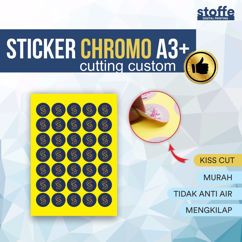

Cetak Sticker Chromo Glossy A3+ / Stiker Bontak / Stiker Label Kemasan atau Produk + Cutting/Non Cutting