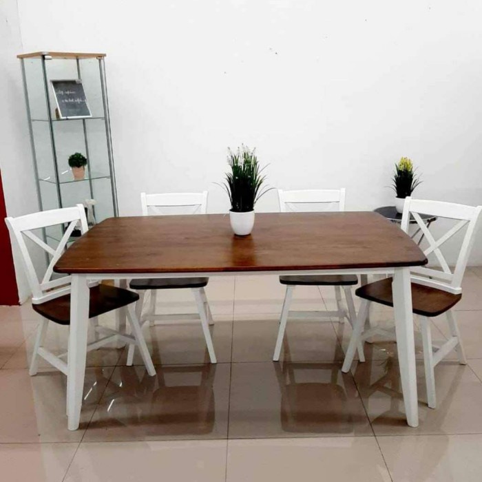 RAY set meja makan, meja makan jati finshing duco putih, meja minimalis