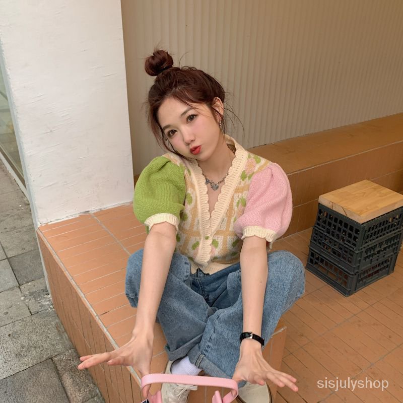 Kardigan rajut n-neck warna kontras wanita musim semi 2023 new loose short top wanita