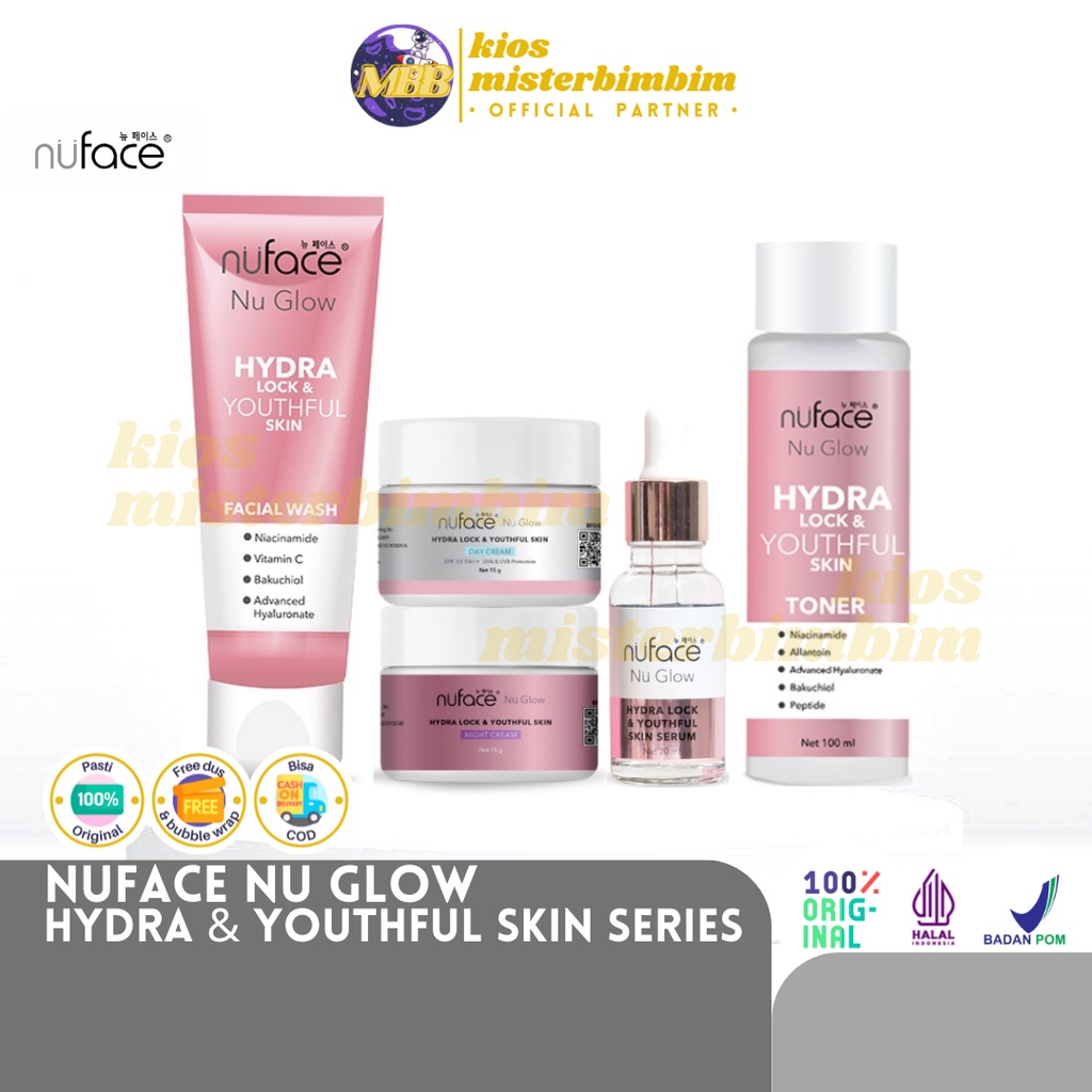 Nuface Nu Glow Hydra Lock &amp; Youthfull Skin Series Facial Wash Day Night Cream Serum Toner / Perawatan Wajah Samarkan Kerutan Mengencangkan