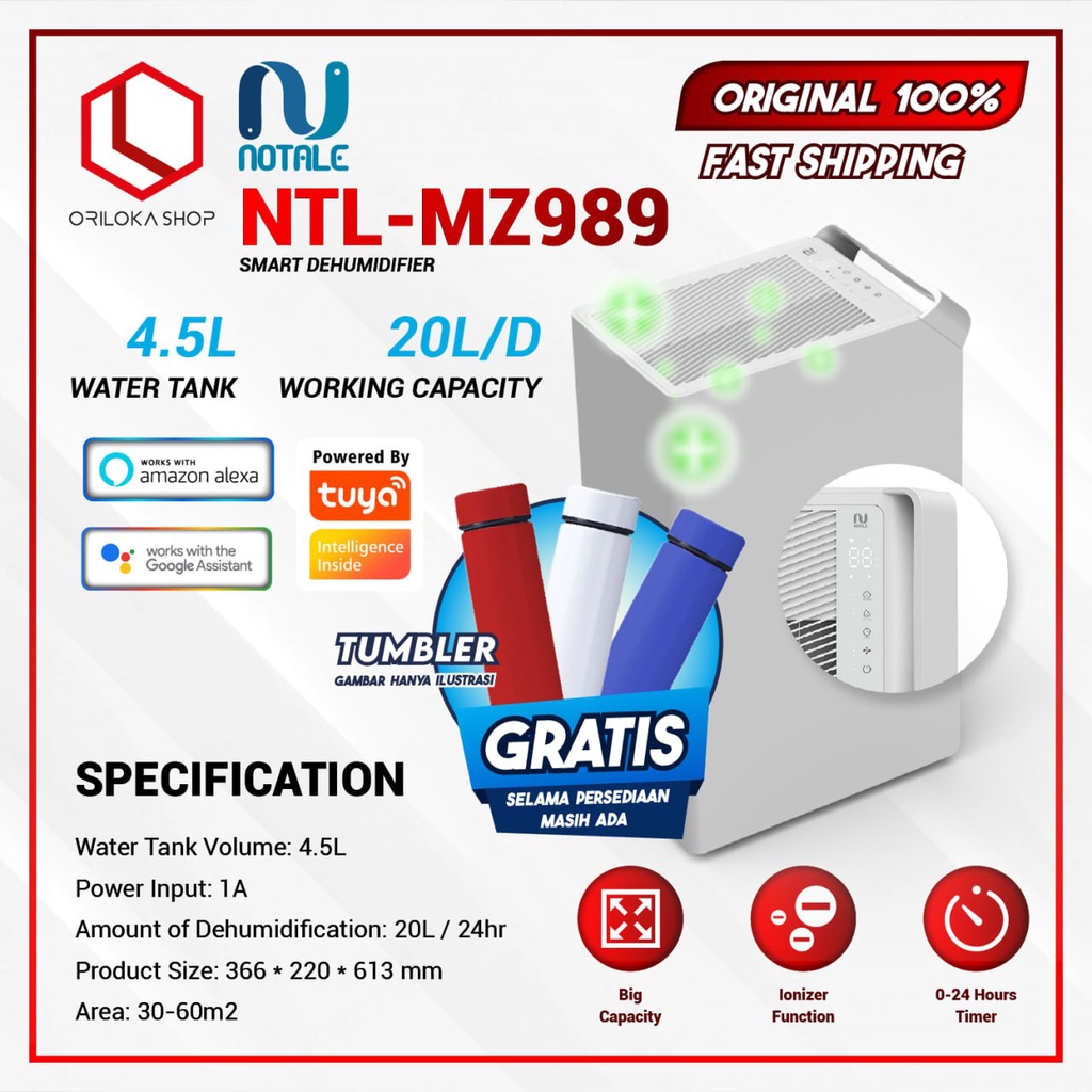 Dehumidifier Notale Milzu Smart Dehumidifier 20L/hari - Garansi Resmi