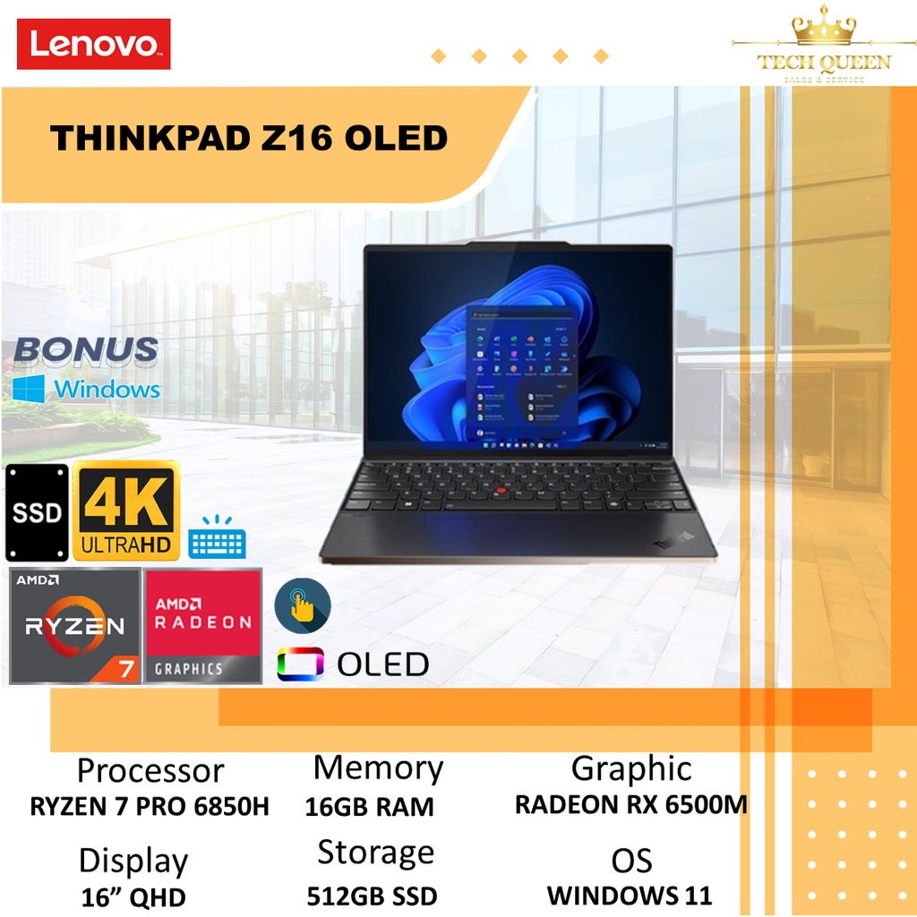 LENOVO THINKPAD Z16 OLED TOUCH - RX6500M 4GB RYZEN 7 PRO 6850H 16GB 512SSD  WINDOWS 11PRO 13.3 INCHI WQUXGA 2.8K GRY