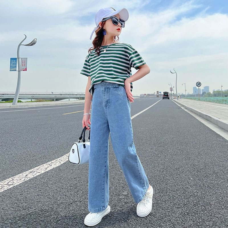 Setelan Anak Perempuan Teenager Casual Stripe Gray Green