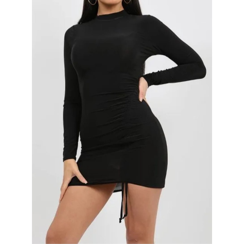 Mini Dress Bodycon Sexy Serut 1 Lengan Panjang Wanita Hitam