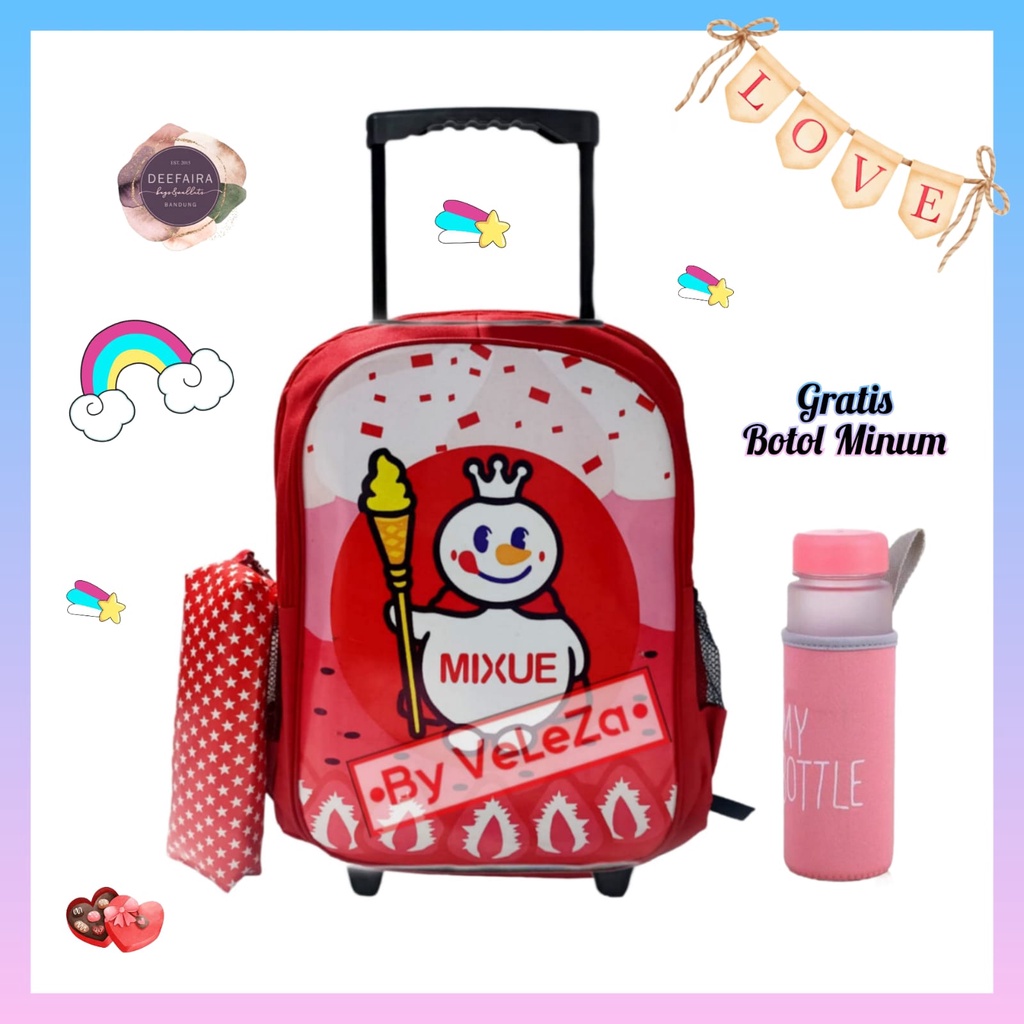 Tas Ransel Troli Sekolah Anak Perempuan Tk Dan Sd Motif Es Pink1 Gratis Botol Minum