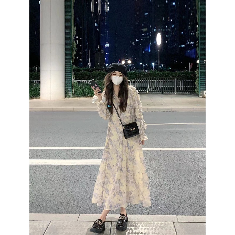 Red Kumikumi angin lembut dasi bunga gaun musim semi wanita rok lengan panjang desain rasa temperamen rok mid-length