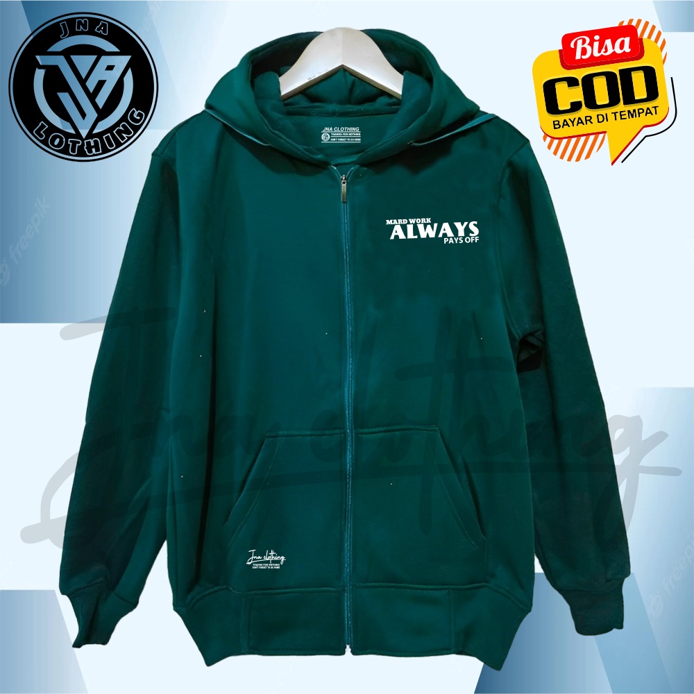 JNA Jaket Hoodie Resleting Zipper Sablon Always Warna Hijau Botol Switer seleting Pria Oversize Ziper Tebal Lembut