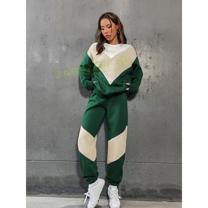 THREE ANGEL TRIANGEL SETELAN JOGGER + SWEATER POLOS KOREA STYLE SETELAN WANITA JUMBO S-5XL
