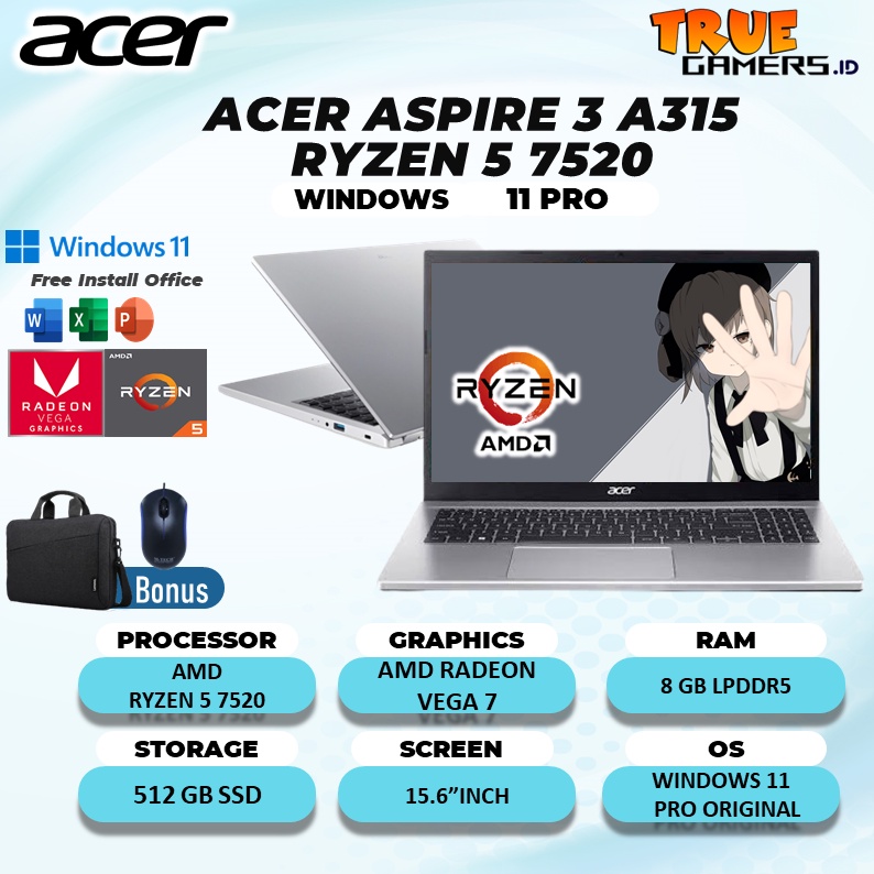 Laptop Acer Aspire A315 Ryzen 5 7520 Ram 8GB 512SSD VEGA7 Windows 11Pro