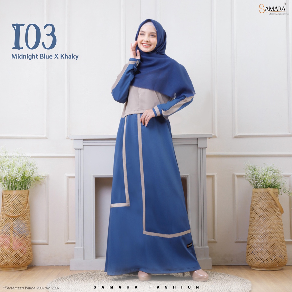Free Baby Gold - Realpict - Gamis Wanita Samara I03 Midnight Blue Kombinasi Khaki - Bahan Toyobo - S