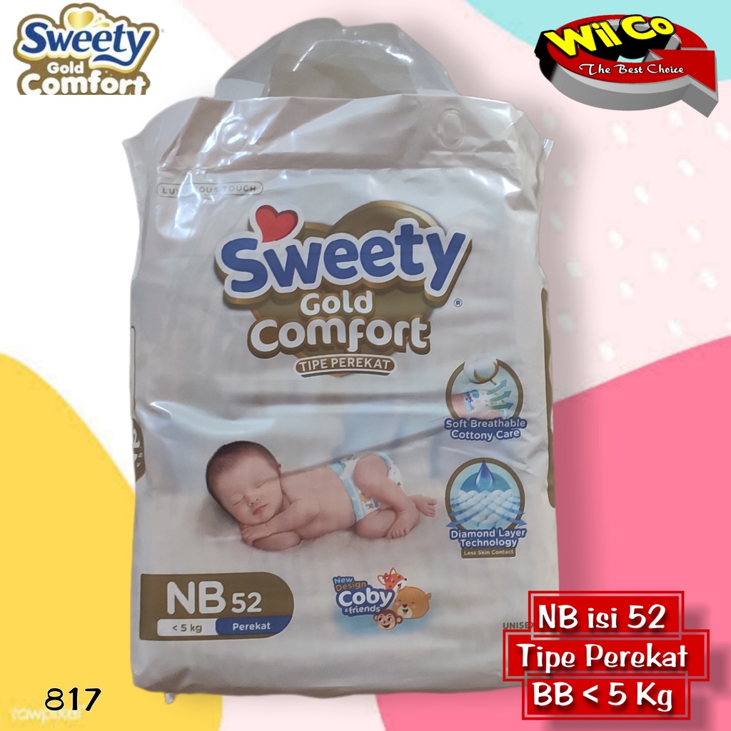 K817 - NB (52 PCS ) POPOK BAYI (baru lahir) SWEETY GOLD COMFORT BERAT BAYI 5 KG TIPE PEREKAT