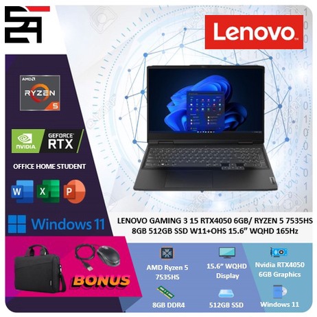 Lenovo Gaming 3 15 RTX4050-6GB Ryzen 5 7535HS 8GB 512GB SSD W11 OHS 15.6 Inchi WQHD 165Hz 100% SRGB Blit