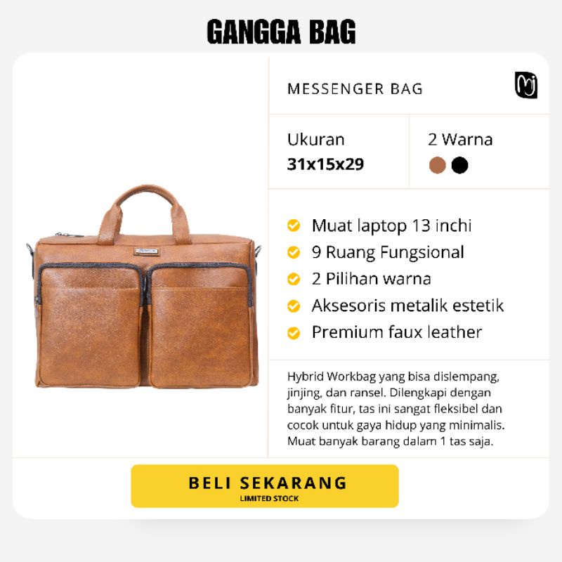 Gangga Bag by Manjua. Tas kerja, tas kuliah, tas laptop muat upto 13 inch.