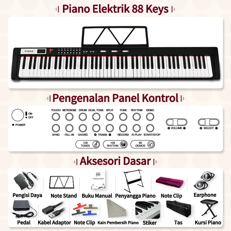 Portable Keyboard 88 Keys, Piano 88 Keys, Organ Elektronik Profesional Multifungsi untuk Rumah - Sensasi Bermain Piano yang Nyata, Mudah Dipindahkan