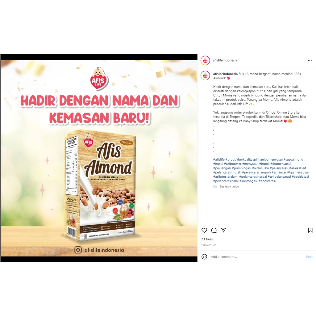 Afis Susu Almond 200gr ASI booster pelancar asi nutrisi ibu menyusui Makassar