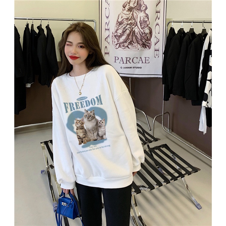 XIAOZHAINV Korean Style Style Blue Alphabet Pattern Lengan Panjang Baju Sweater Wanita