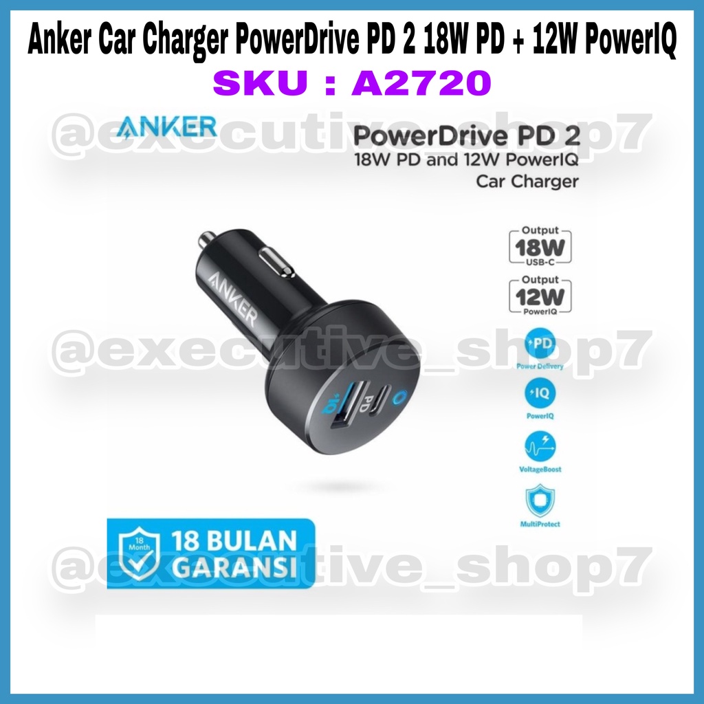 Anker Car Charger PowerDrive PD 2 18W PD + 12W PowerIQ - SKU A2720 - Garansi Resmi 18 Bulan